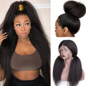 150% Natural Black Kinky Straight 13×4 Lace Frontal Yaki Straight Human Hair Wig